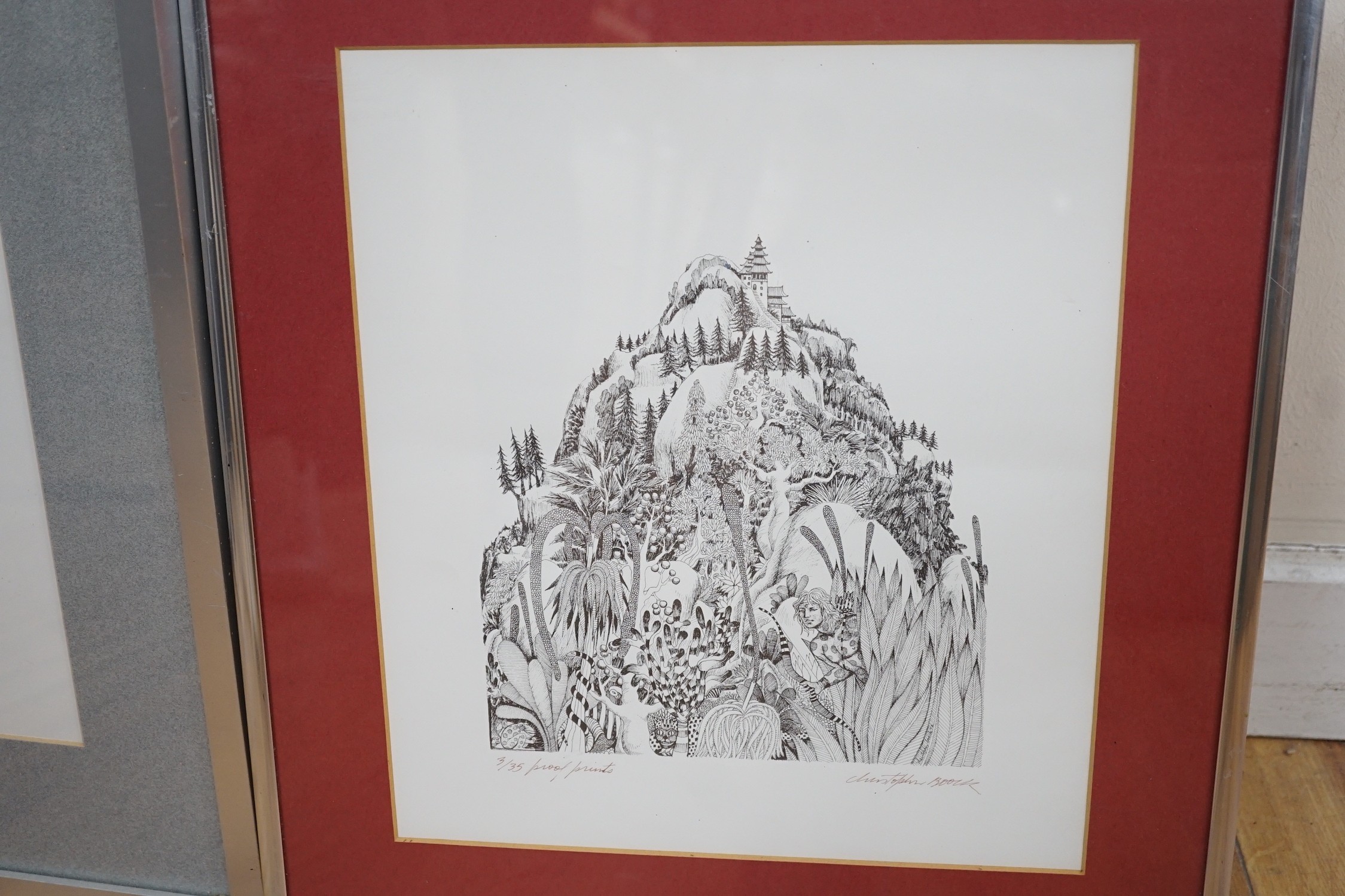 Christopher Boock (b.1947), two artist proof prints, 'Huntsman in a landscape' and 'Lizard man', signed and numbered 3/35, overall 30 x 26cm and 28 x 30cm